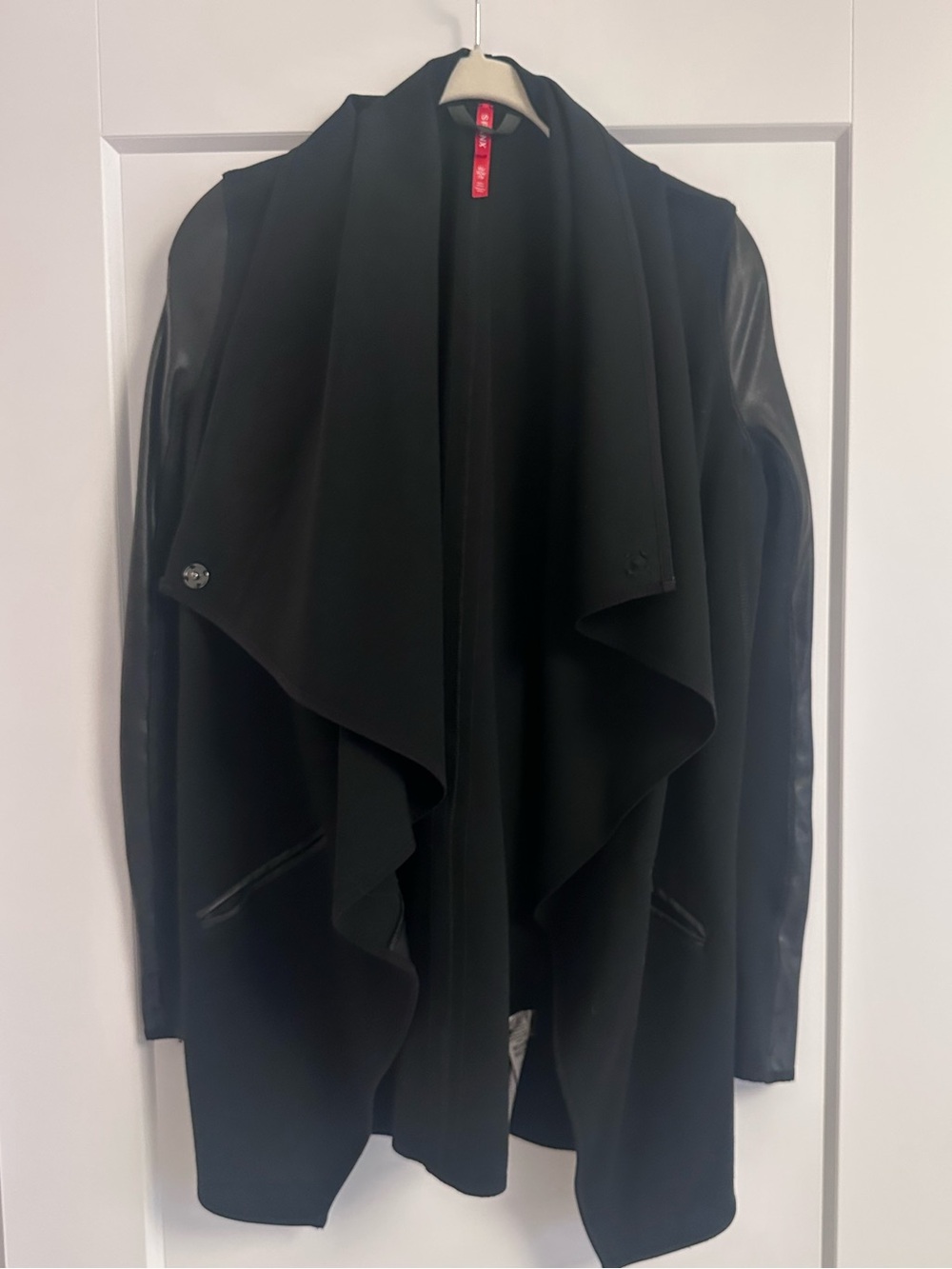 Spanx Black Drape Coat with Faux Leather Sleeves